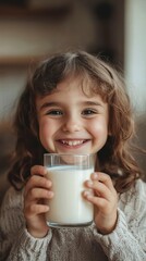 Pure Delight: A young child, radiating joy, cradles a glass of milk, offering a sweet smile and a glimpse into a world of innocent pleasures.