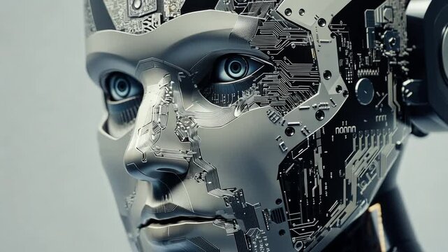 Futuristic humanoid robot face with intricate circuit patterns, displaying advanced technology