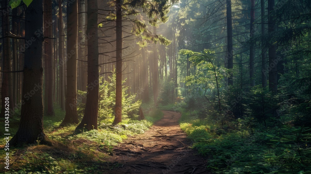Poster a serene forest path illuminated by soft sunlight filtering through tall trees, creating a peaceful,