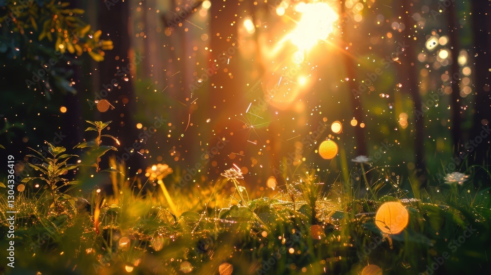 Poster sunlight shines through a forest, casting a warm glow and illuminating floating particles in the air