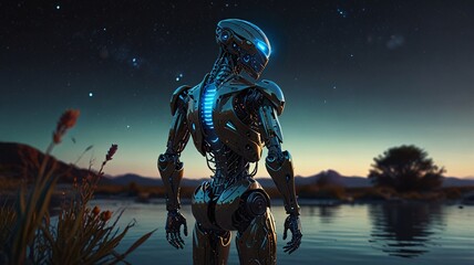 Fototapeta premium AI Robot Exploring Alien Planet – Bioluminescent Sci-Fi Landscape