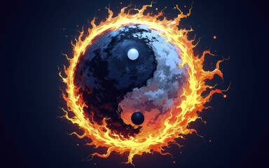 Digital Illustration of Fiery Yin Yang Symbol Surrounded by Flames and Dynamic Lighting
