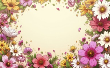 Fototapeta premium Digital Illustration of Vibrant Floral Border with Daisies, Sunflowers, and Roses