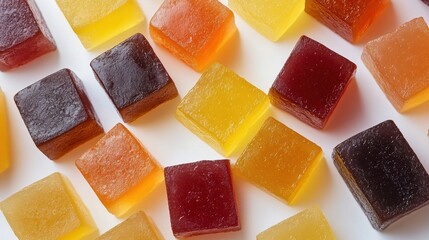 A vibrant array of gummy cubes, each in a unique hue of dark, yellow, and amber, rested on a stark white backdrop, creating a captivating visual feast.