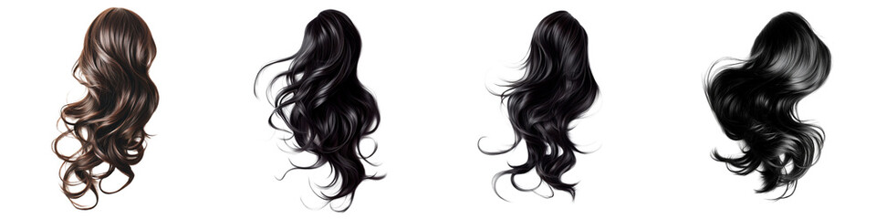 set of Curly hair swaying in the wind, loose hair floating in the wind, curly hair, loose curly hair flying in the wind, loose hair dancing with the wind, on a transparent backgrounds