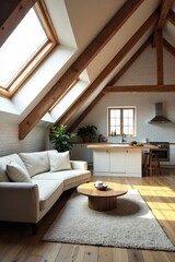 Modern Sectional Sofa in a Cozy, Light-Filled Loft Style Home with Exposed Wooden Beams and Skylights