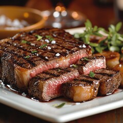 A perfectly grilled steak rests on a white plate, its juicy surface glistening with seasoning. Beside it, a generous serving of golden, buttery mashed potatoes adds a comforting touch.