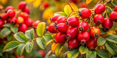 Obraz premium Abundant Wild Rosehips on a Sprawling Bush - Autumnal Nature Photography