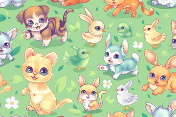 Naklejka premium A colorful pattern featuring cute cartoon baby animals on a soft green background