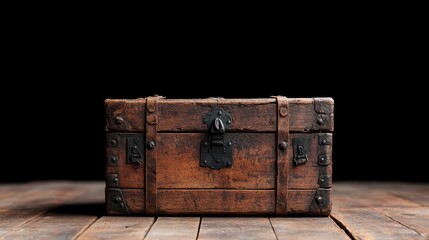 This classic wooden chest with intricate metal detailing stands out against a dark backdrop, capturing the imagination and drawing viewers into a world rich with stories and treasures.