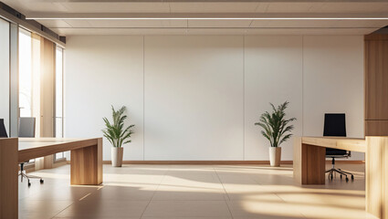 Minimalist Modern Office Space with Empty White Wall &ndash; Perfect Mockup for Branding & Design Display