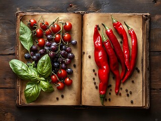 Food in Antique Book on Wooden Table
