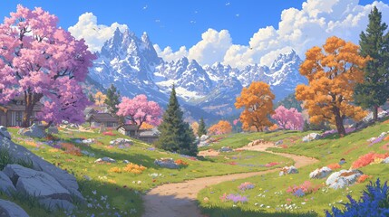 Picturesque Spring Village nestled in a Sunny Alpine Valley