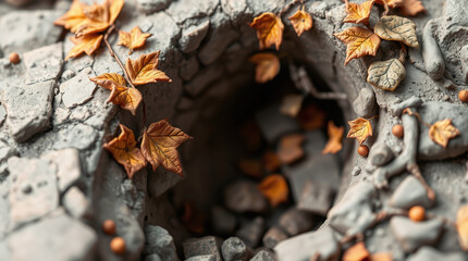 Extreme macro close-up sculptural clay art of a concrete drainage channel with autumn leaves and vines, soft pastel colors, and high contrast low-key lighting.