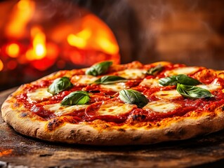 Neapolitan pizza fresh out of a wood-fired oven with basil
