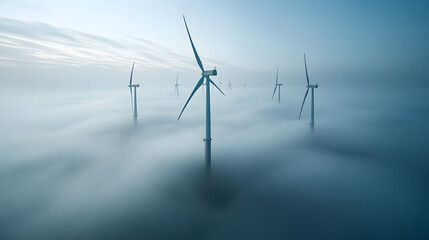 A remote offshore wind farm covered in dense fog, with only the rotating blades visible through the mist.