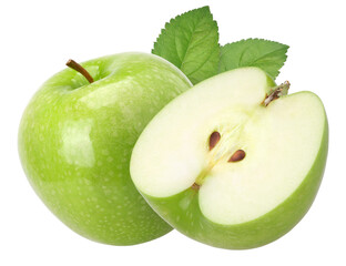 green apple (granny smith apple) with leaves and half isolated, transparent PNG, PNG format, cut out
