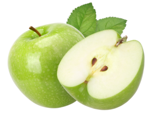 green apple (granny smith apple) with leaves and half isolated, transparent PNG, PNG format, cut out
