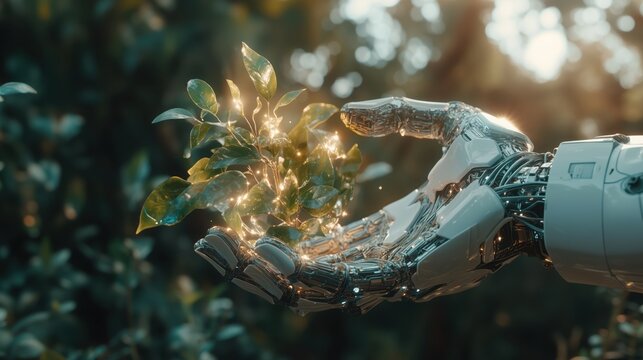 Robotic hand gently holds glowing plant in lush natural environment during golden hour