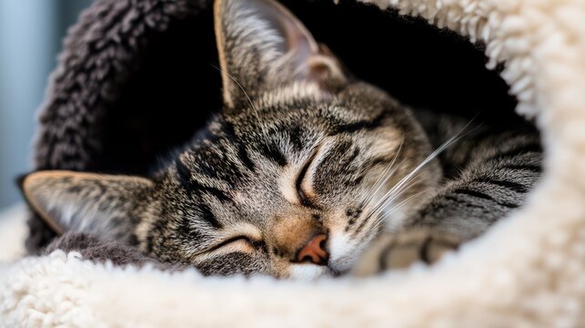 A detailed close-up of an English Shorthair cat in a plush nest, expressing a sense of calm and relaxation.