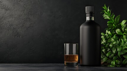 An elegant black whiskey bottle accompanied by a single glass, set against a dark background, embodying sophistication and style, perfect for a cozy evening drink or celebration.
