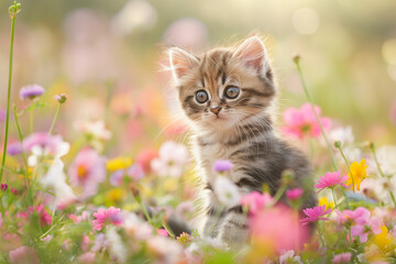 A cute, fluffy kitten sits amidst a vibrant flower field, surrounded by a sea of colorful blooms in soft pastel shades of pink, yellow, and lavender