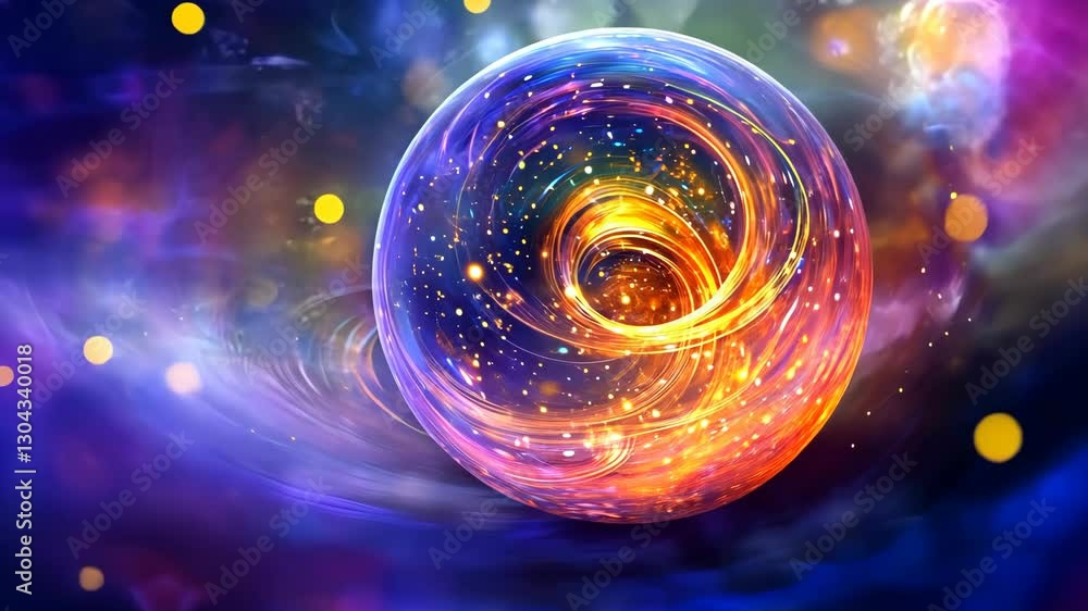 Poster colorful abstract sphere surrounded by cosmic elements in a vibrant space setting