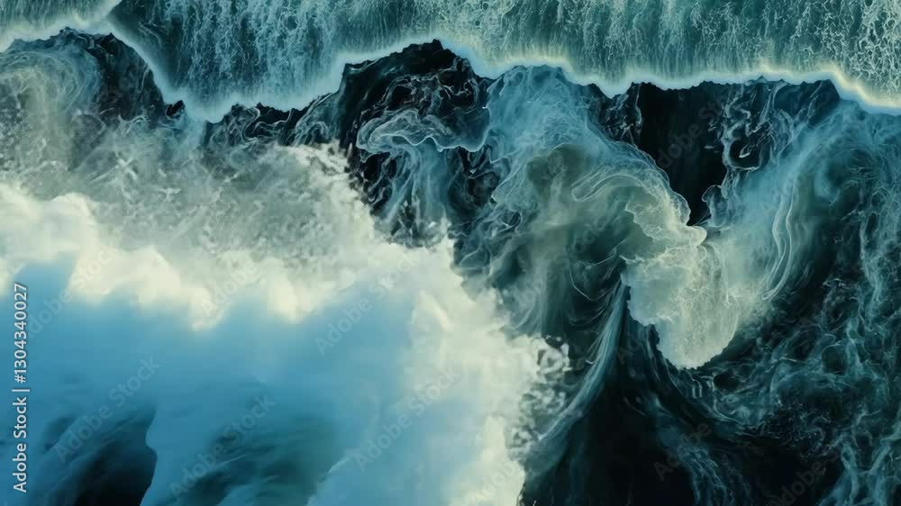 Poster waves crashing with swirling patterns create dynamic coastal scene during bright sunny day