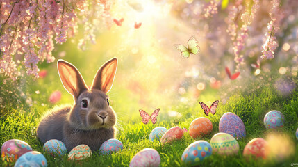 Little Bunny In Basket With Decorated Eggs - Easter Card . AI Generated Images
