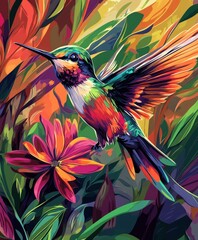 Obraz premium Vibrant pop art hummingbird among colorful foliage and flowers