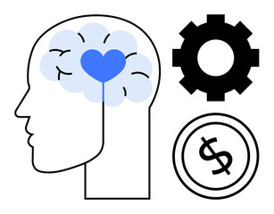Human head with brain and heart, gear, and dollar circle representing emotional intelligence, problem-solving, and finance. Ideal for self-awareness, well-being, decision-making, success