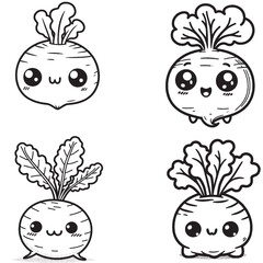 "High-Quality Cute Cartoonic Turnip Character Outline Vector Illustrations"