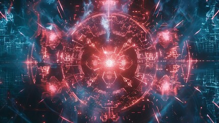 Obraz premium A mystical Gundam powered by an ancient artifact, surrounded by glowing glyphs and energy tendrils.