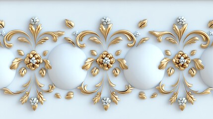 Elegant Gold and White Floral Ornament Design Baroque Style Wall Decor 3D Render