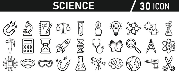 Science icon set in liner style. Biology, laboratory, experiment, test tube, scientist, research, physics, chemistry icons. Icons Vector illustration.