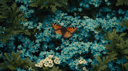 Butterfly Perched on Vibrant Blue Flowers in a Serene Garden Setting During Springtime