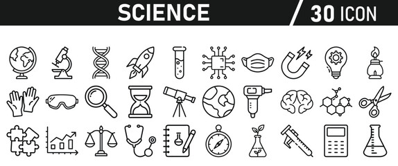 Science icon set in liner style. Biology, laboratory, experiment, test tube, scientist, research, physics, chemistry icons. Icons Vector illustration.