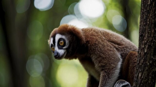 Javan slow loris turning head, observing jungle surroundings