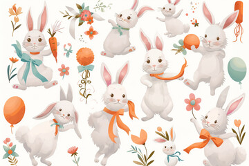 A delightful set of cute white rabbit elements in vector style, featuring adorable bunnies in various playful poses 