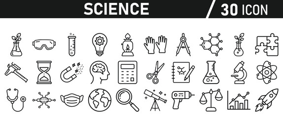 Science icon set in liner style. Biology, laboratory, experiment, test tube, scientist, research, physics, chemistry icons. Icons Vector illustration. © MdMohiuddin