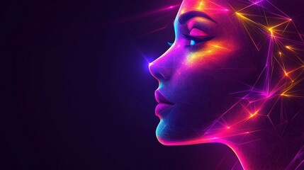 Digital art profile of woman, glowing with vibrant energy, dark background