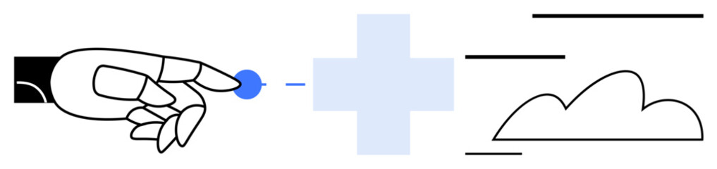 Robot hand touches blue circle near cloud icon with medical cross. Ideal for technology, innovation, connectivity, healthcare, cloud computing, futuristic interface, flat simple metaphor