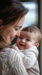 Loving Embrace: A tender moment of a mother and child's affection, showcasing a beautiful bond through shared smiles and loving embrace.