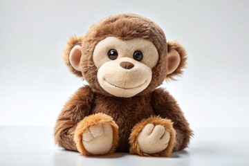 Fototapeta premium Adorable Brown Plush Monkey Toy, Soft Fur, Friendly Smile, White Background Stock Photo