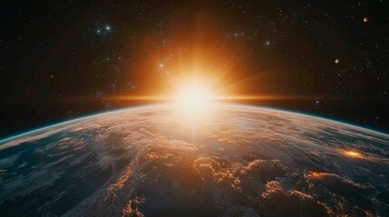 The Sun and Earth, showing their celestial positions with the Earth in orbit around the Sun. The planet is visible from space as sunlight illuminates its surface.