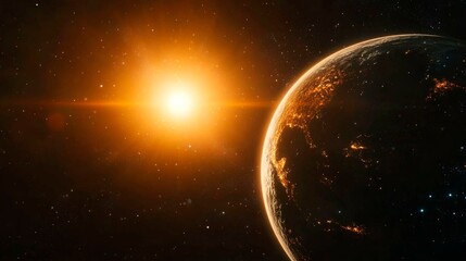 The Sun and Earth, showing their celestial positions with the Earth in orbit around the Sun. The planet is visible from space as sunlight illuminates its surface.