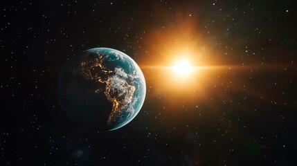 Fototapeta premium The Sun and Earth, showing their celestial positions with the Earth in orbit around the Sun. The planet is visible from space as sunlight illuminates its surface.