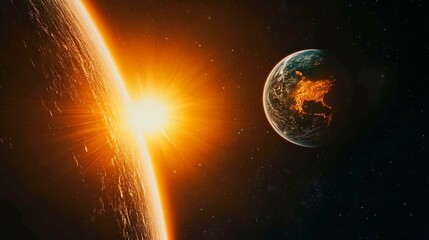 Obraz premium The Sun and Earth, showing their celestial positions with the Earth in orbit around the Sun. The planet is visible from space as sunlight illuminates its surface.