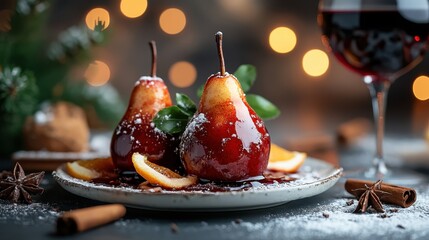 A deliciously arranged plate of poached pears with spices, showcasing a dance of textures and flavors that create an indulgent and tasty culinary expectation.