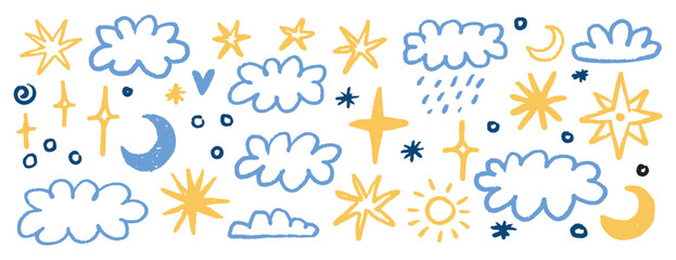 crayon stars, clouds and moon doodle hand drawn icon set. Colorful kids crayon sky elements isolated on white background.